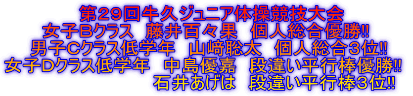 第29回牛久ジュニア体操競技大会 女子Bクラス 藤井百々果 個人総合優勝!! 男子Cクラス低学年 山﨑聡太 個人総合3位!! 女子Dクラス低学年 中島優嘉 段違い平行棒優勝!! 石井あげは 段違い平行棒3位!!